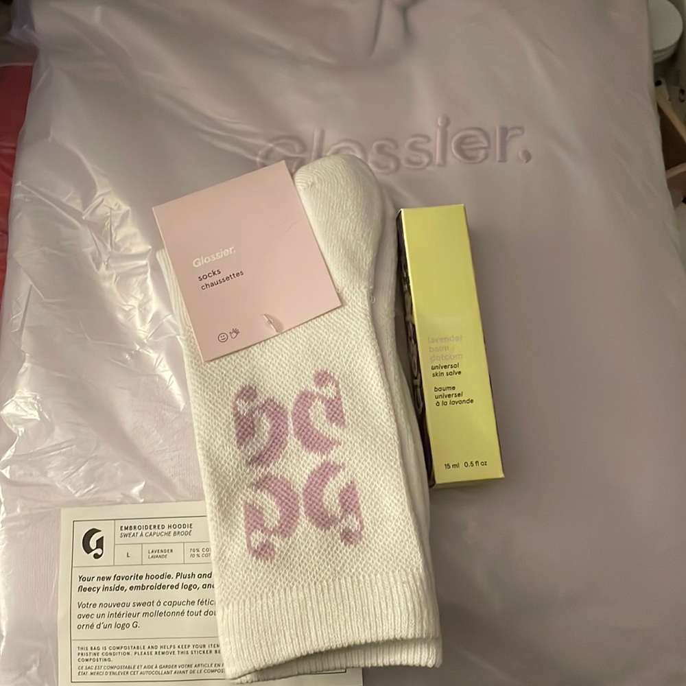 Glossier Lavender Hoodie, Balm & Socks